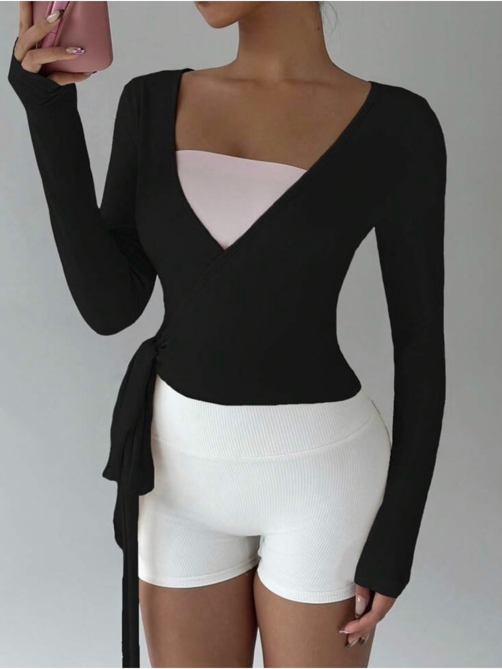 Black Side-Tie Wrap Tunic Top — Sleek Long-Sleeve Wrap
